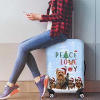 Yorkshire Terrier Dog Christmas Luggage Cover with Peace Love Joy Quote and Santa Hat Puppies in Snowy Winter Scene - Wonder Print Shop