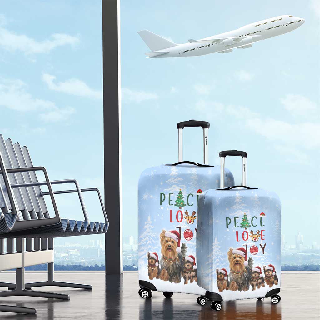 Yorkshire Terrier Dog Christmas Luggage Cover with Peace Love Joy Quote and Santa Hat Puppies in Snowy Winter Scene - Wonder Print Shop