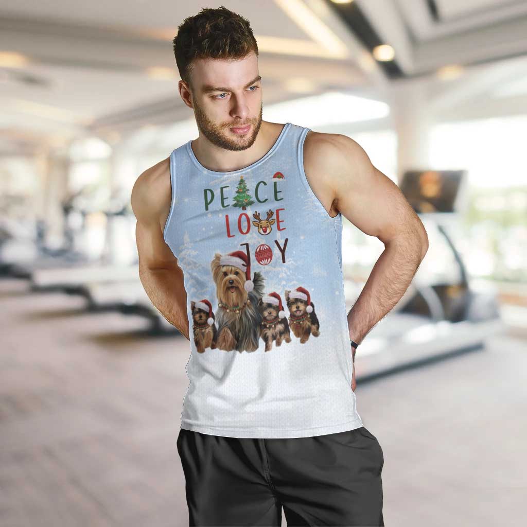 Yorkshire Terrier Dog Christmas Men Tank Top with Peace Love Joy Quote and Santa Hat Puppies in Snowy Winter Scene - Wonder Print Shop