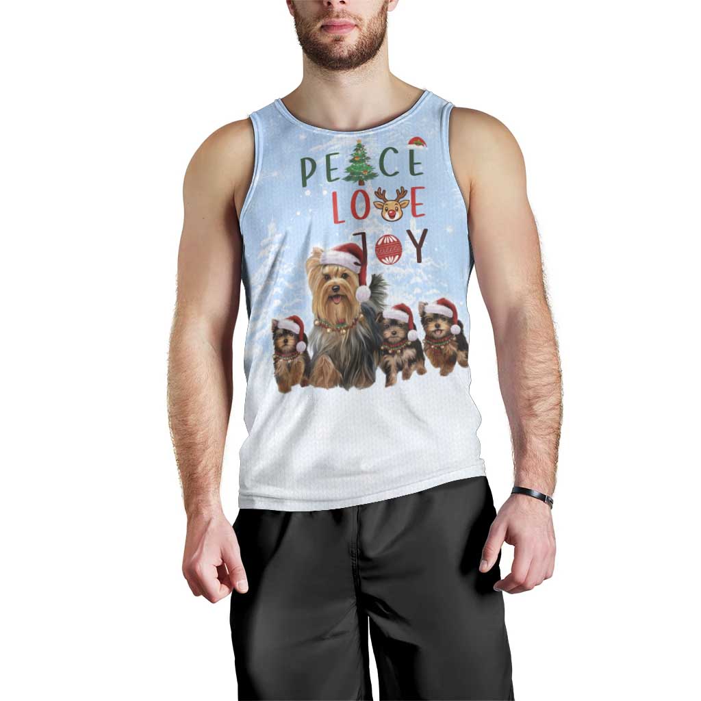 Yorkshire Terrier Dog Christmas Men Tank Top with Peace Love Joy Quote and Santa Hat Puppies in Snowy Winter Scene - Wonder Print Shop