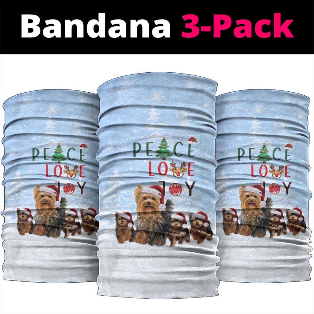 Yorkshire Terrier Dog Christmas Neck Gaiter with Peace Love Joy Quote and Santa Hat Puppies in Snowy Winter Scene - Wonder Print Shop