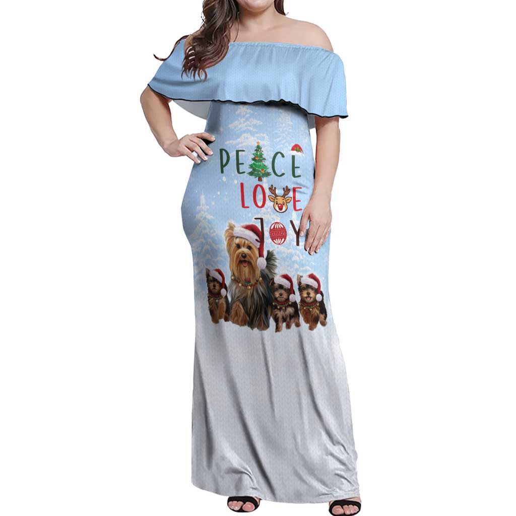 Yorkshire Terrier Dog Christmas Off Shoulder Maxi Dress with Peace Love Joy Quote and Santa Hat Puppies in Snowy Winter Scene - Wonder Print Shop