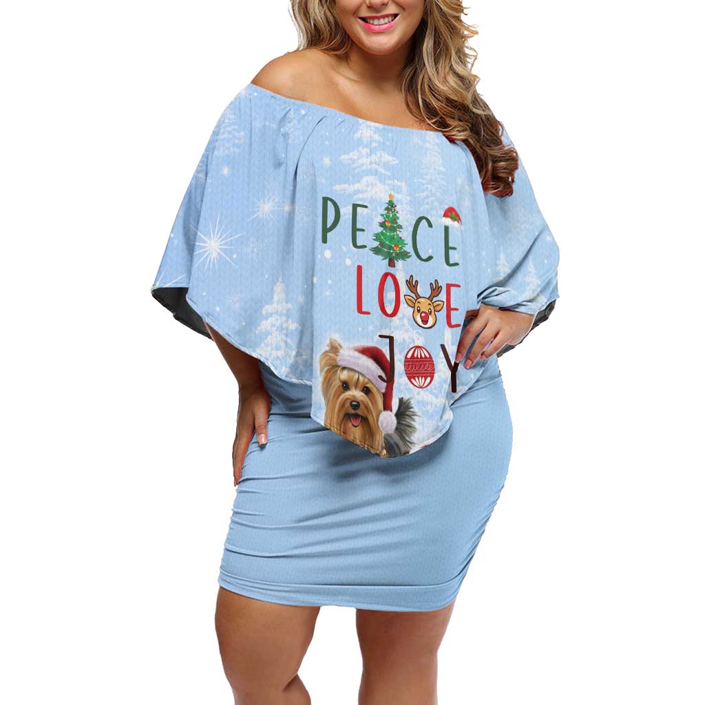 Yorkshire Terrier Dog Christmas Off Shoulder Short Dress with Peace Love Joy Quote and Santa Hat Puppies in Snowy Winter Scene - Wonder Print Shop