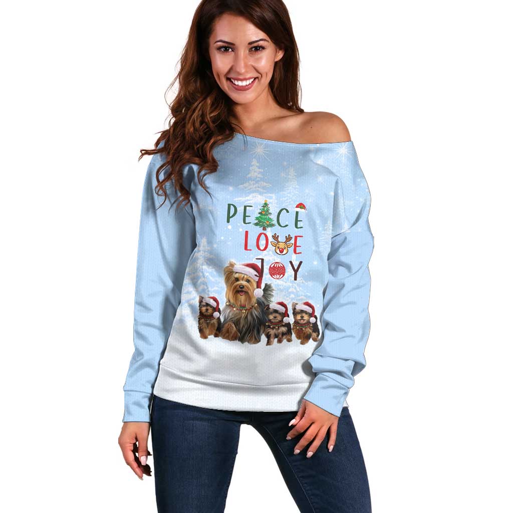Yorkshire Terrier Dog Christmas Off Shoulder Sweater with Peace Love Joy Quote and Santa Hat Puppies in Snowy Winter Scene - Wonder Print Shop
