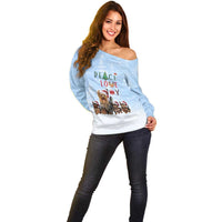 Yorkshire Terrier Dog Christmas Off Shoulder Sweater with Peace Love Joy Quote and Santa Hat Puppies in Snowy Winter Scene - Wonder Print Shop