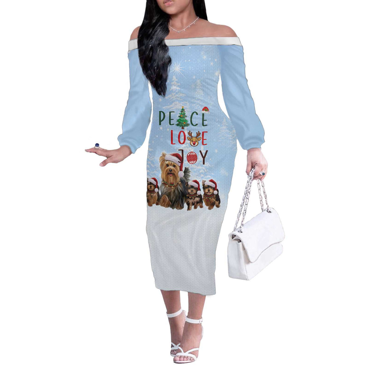 Yorkshire Terrier Dog Christmas Off The Shoulder Long Sleeve Dress with Peace Love Joy Quote and Santa Hat Puppies in Snowy Winter Scene - Wonder Print Shop