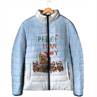 Yorkshire Terrier Dog Christmas Padded Jacket with Peace Love Joy Quote and Santa Hat Puppies in Snowy Winter Scene - Wonder Print Shop