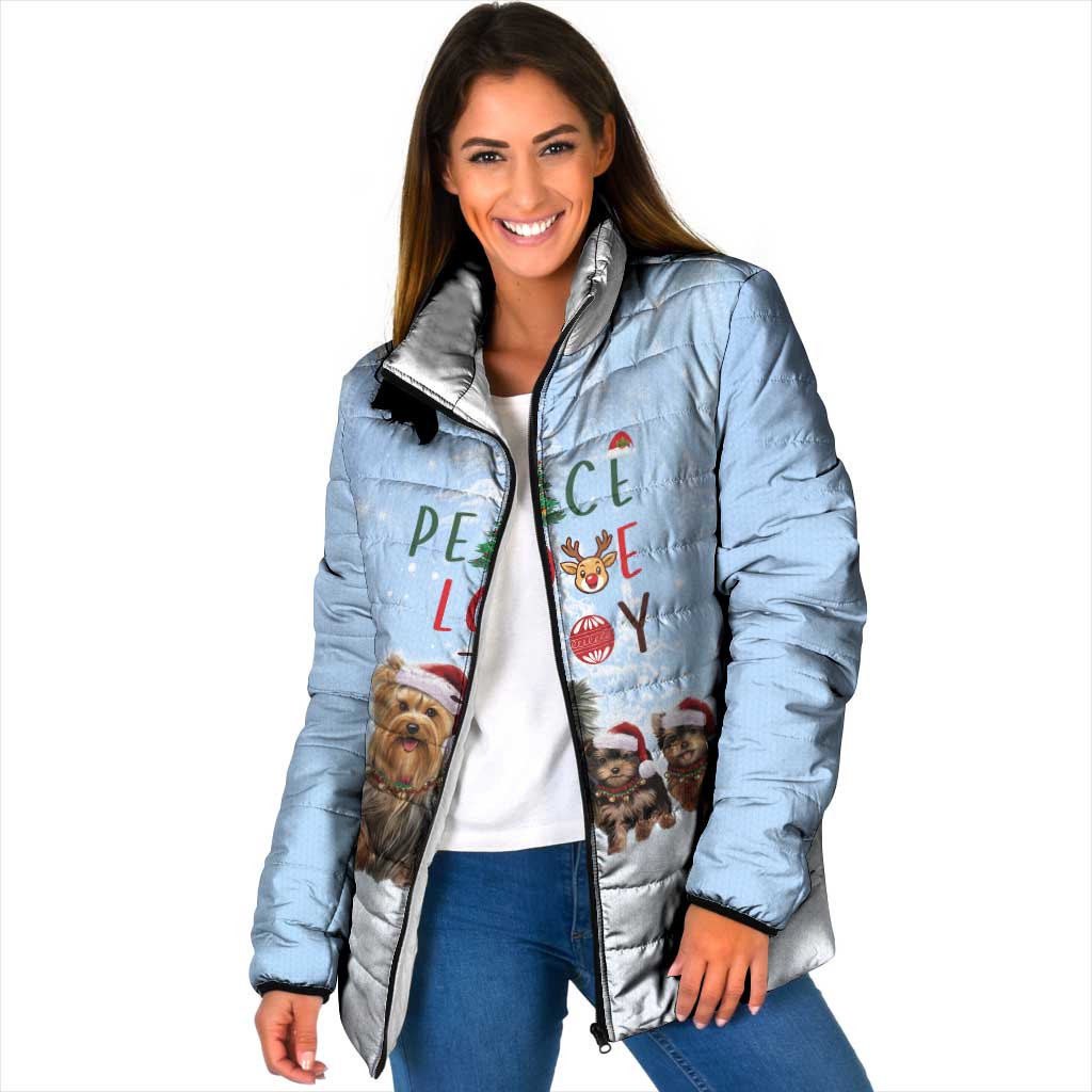 Yorkshire Terrier Dog Christmas Padded Jacket with Peace Love Joy Quote and Santa Hat Puppies in Snowy Winter Scene - Wonder Print Shop