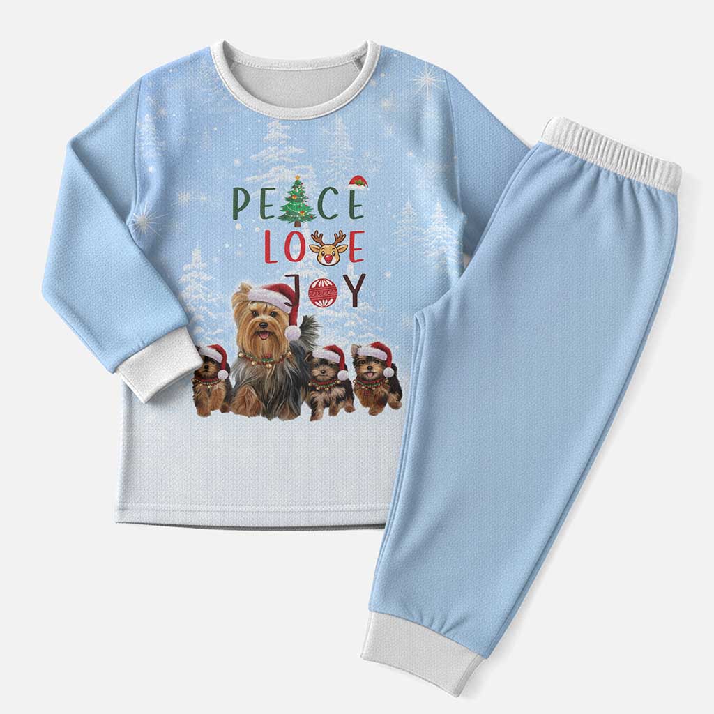 Yorkshire Terrier Dog Christmas Pajama Set with Peace Love Joy Quote and Santa Hat Puppies in Snowy Winter Scene - Wonder Print Shop