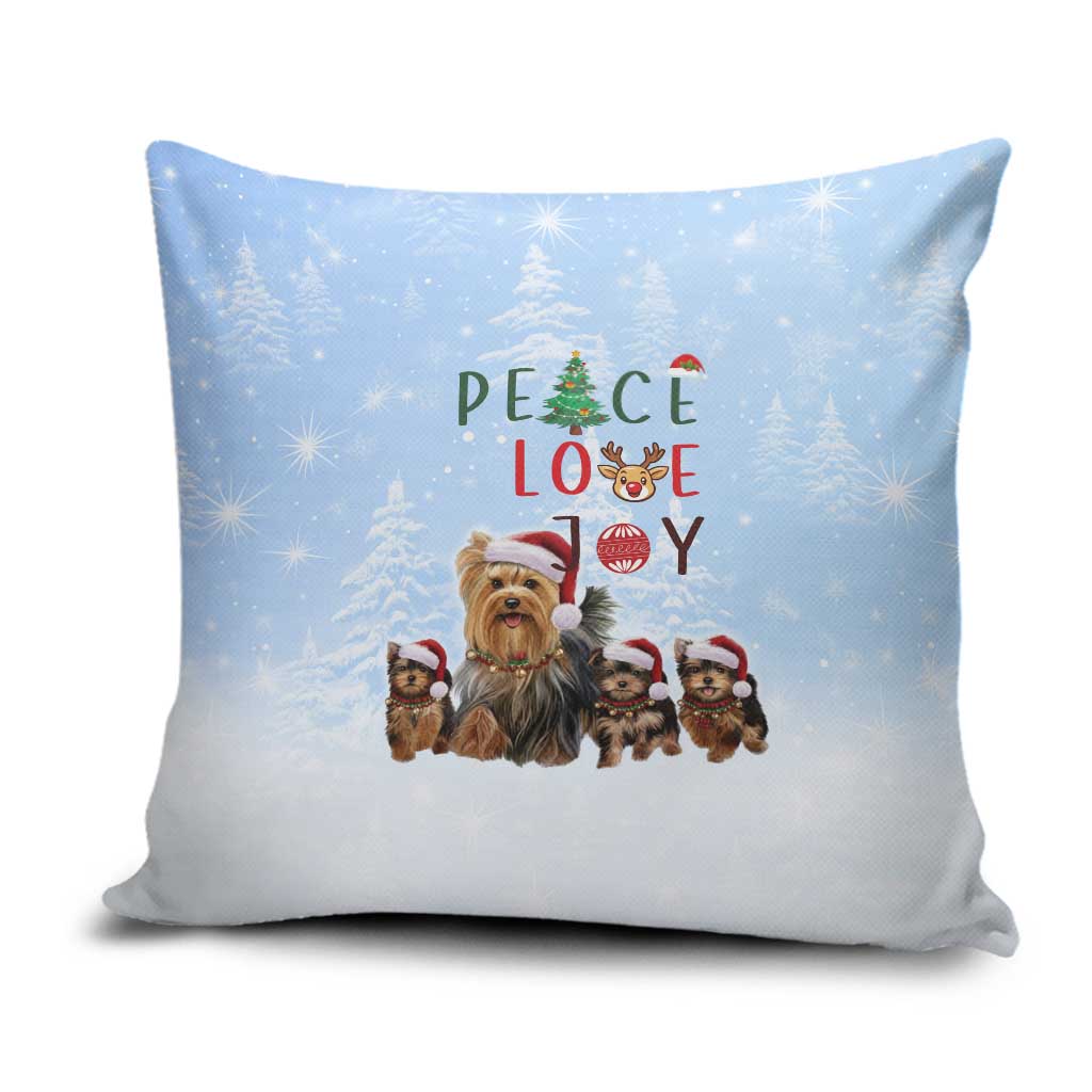 Yorkshire Terrier Dog Christmas Pillow Cover with Peace Love Joy Quote and Santa Hat Puppies in Snowy Winter Scene - Wonder Print Shop