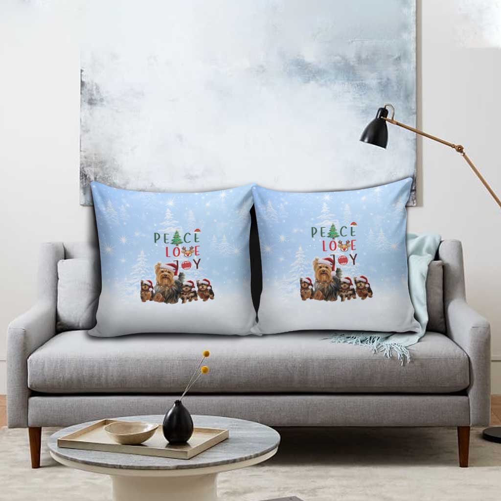 Yorkshire Terrier Dog Christmas Pillow Cover with Peace Love Joy Quote and Santa Hat Puppies in Snowy Winter Scene - Wonder Print Shop