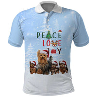Yorkshire Terrier Dog Christmas Polo Shirt with Peace Love Joy Quote and Santa Hat Puppies in Snowy Winter Scene - Wonder Print Shop