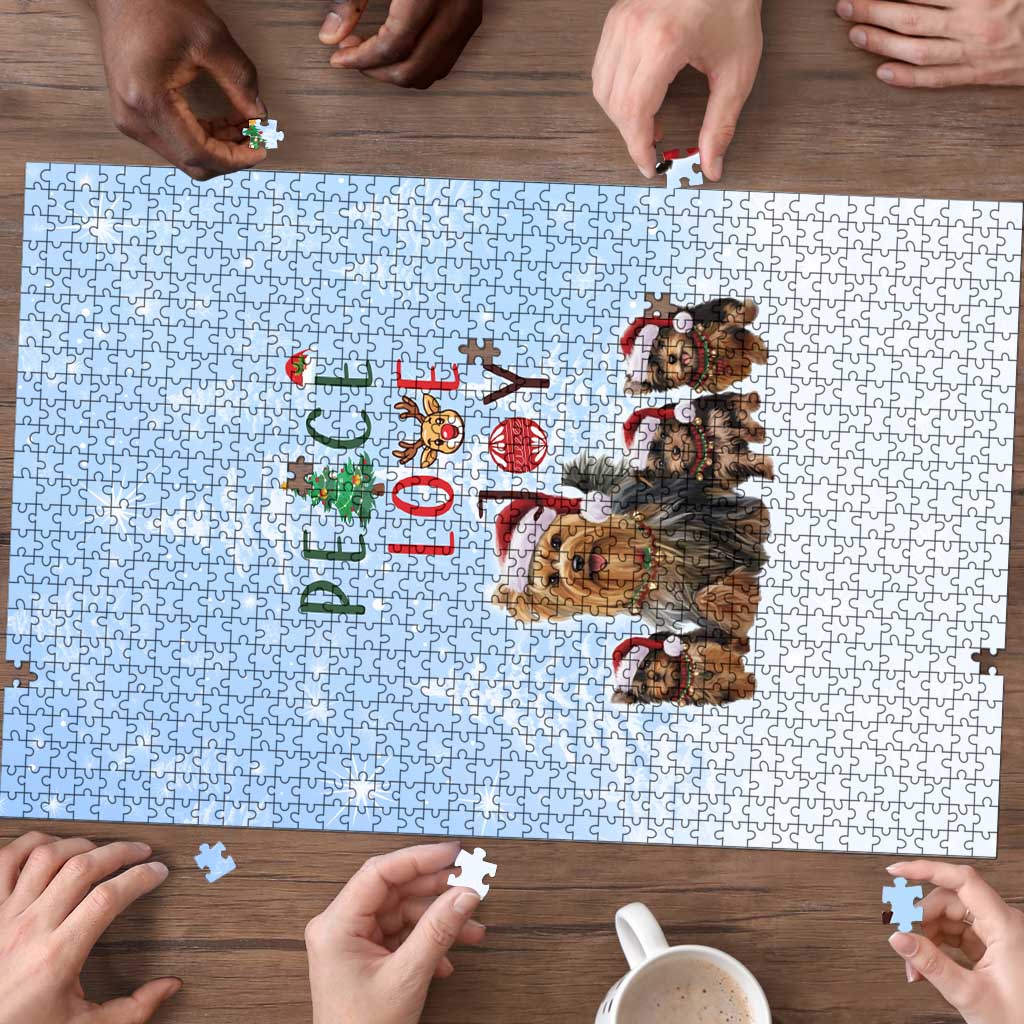 Yorkshire Terrier Dog Christmas Puzzle with Peace Love Joy Quote and Santa Hat Puppies in Snowy Winter Scene - Wonder Print Shop