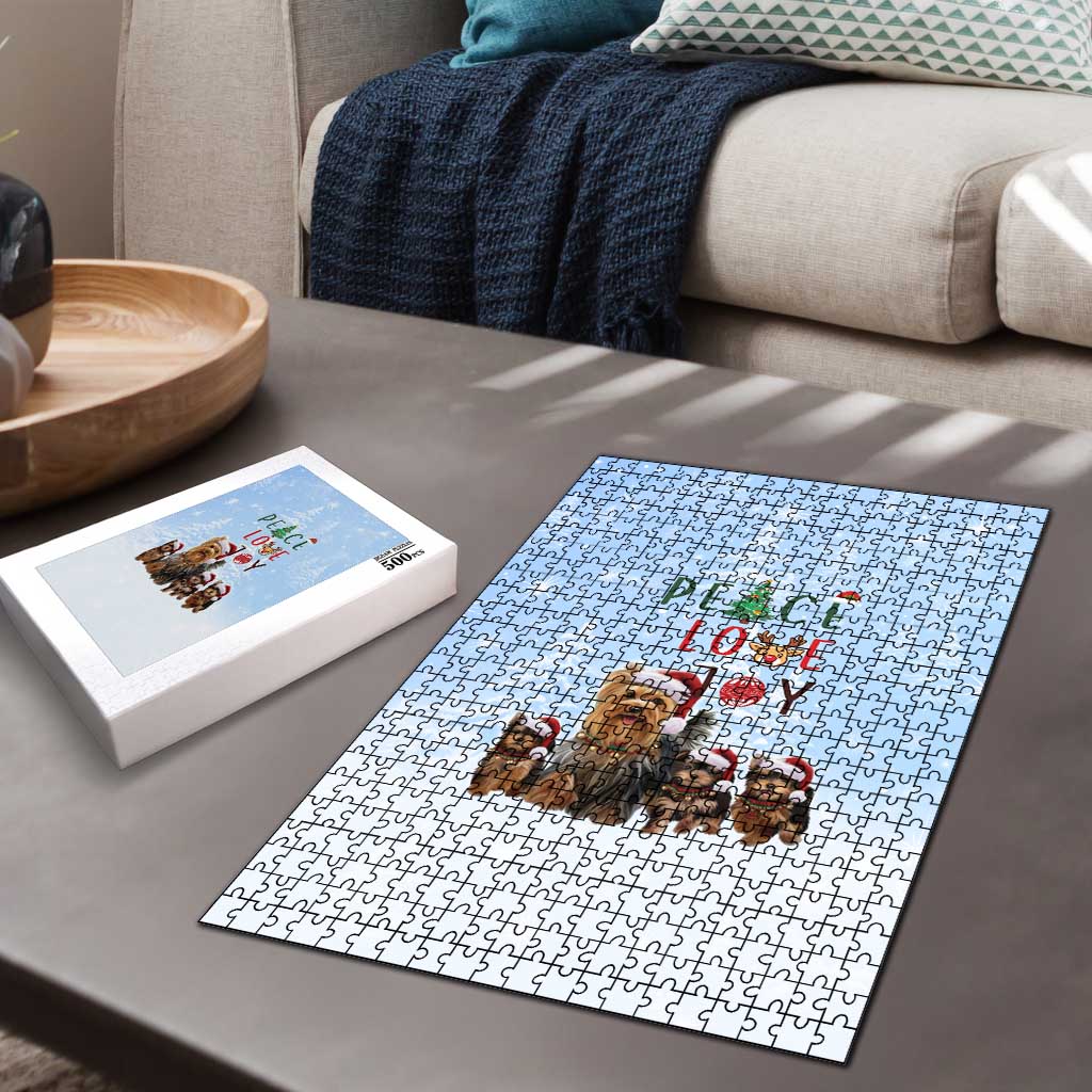 Yorkshire Terrier Dog Christmas Puzzle with Peace Love Joy Quote and Santa Hat Puppies in Snowy Winter Scene - Wonder Print Shop
