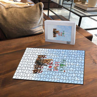 Yorkshire Terrier Dog Christmas Puzzle with Peace Love Joy Quote and Santa Hat Puppies in Snowy Winter Scene - Wonder Print Shop