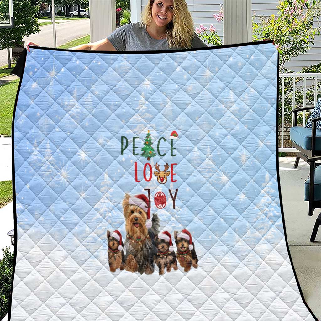 Yorkshire Terrier Dog Christmas Quilt with Peace Love Joy Quote and Santa Hat Puppies in Snowy Winter Scene - Wonder Print Shop