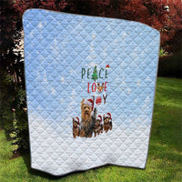 Yorkshire Terrier Dog Christmas Quilt with Peace Love Joy Quote and Santa Hat Puppies in Snowy Winter Scene - Wonder Print Shop
