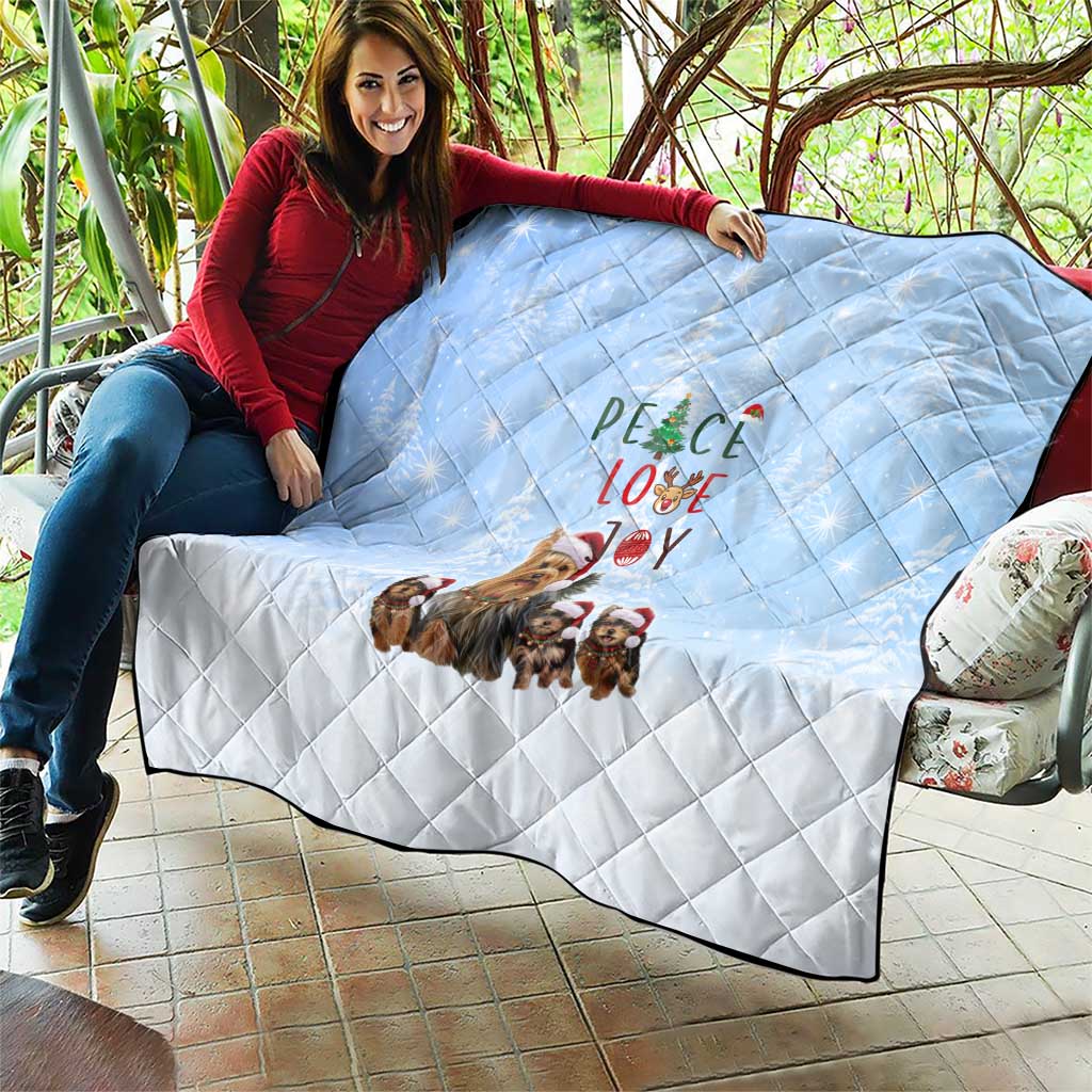 Yorkshire Terrier Dog Christmas Quilt with Peace Love Joy Quote and Santa Hat Puppies in Snowy Winter Scene - Wonder Print Shop