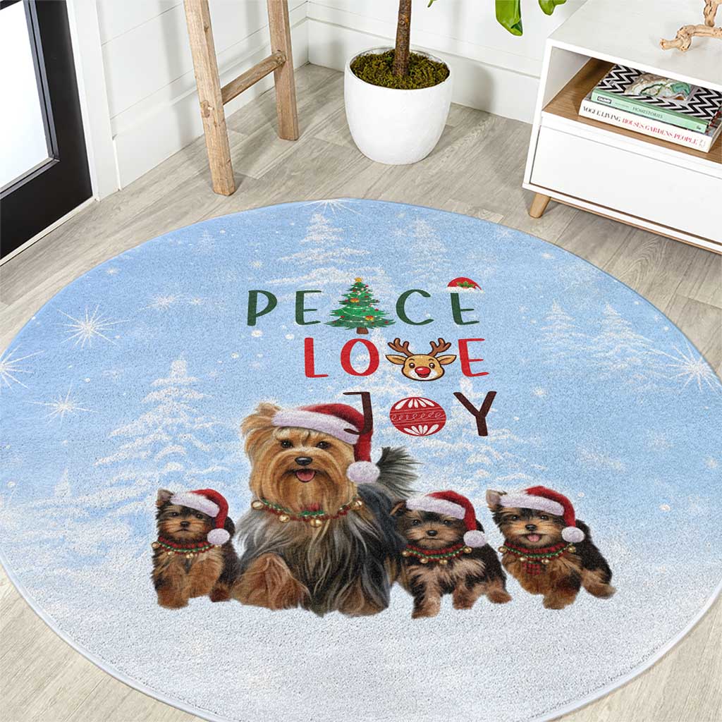 Yorkshire Terrier Dog Christmas Round Carpet with Peace Love Joy Quote and Santa Hat Puppies in Snowy Winter Scene - Wonder Print Shop