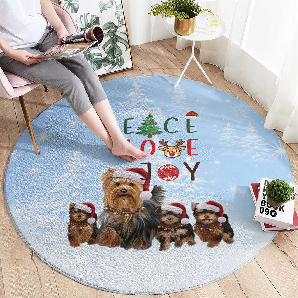 Yorkshire Terrier Dog Christmas Round Carpet with Peace Love Joy Quote and Santa Hat Puppies in Snowy Winter Scene - Wonder Print Shop