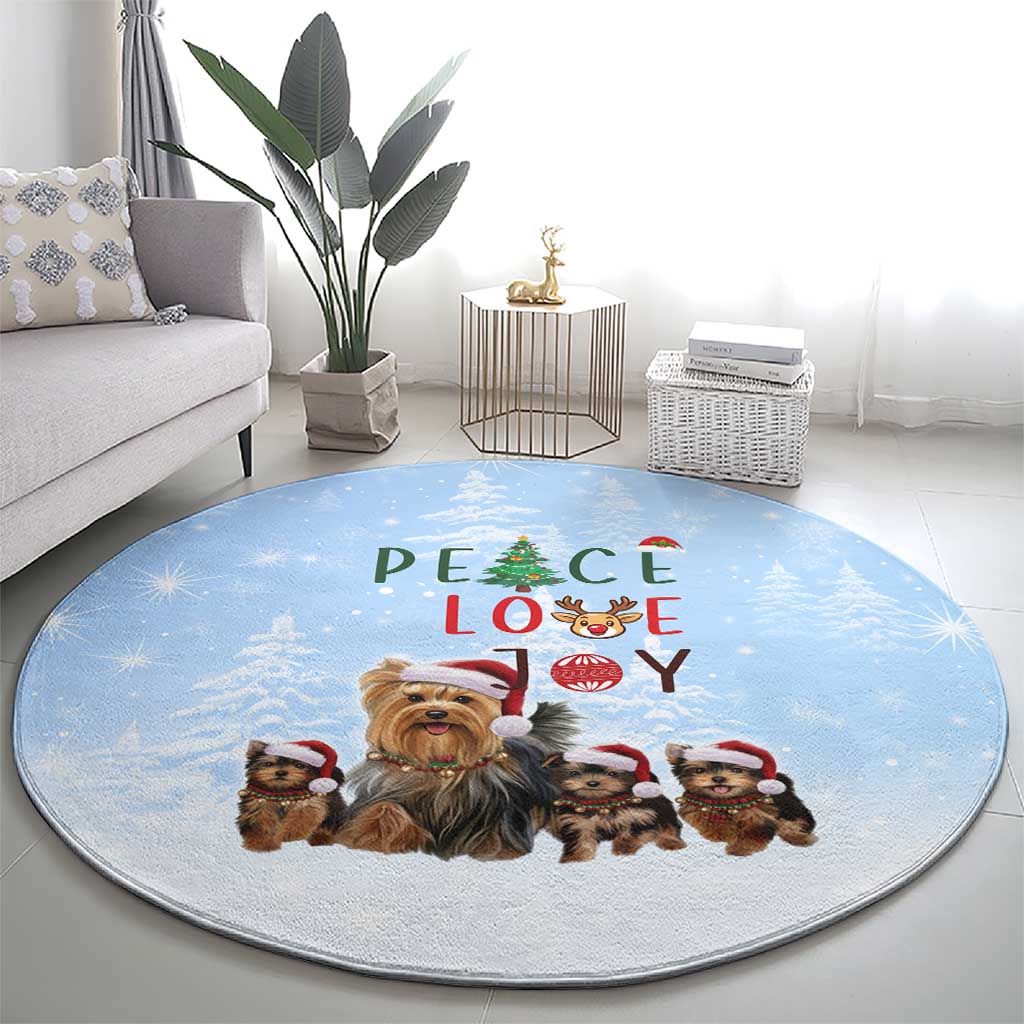 Yorkshire Terrier Dog Christmas Round Carpet with Peace Love Joy Quote and Santa Hat Puppies in Snowy Winter Scene - Wonder Print Shop