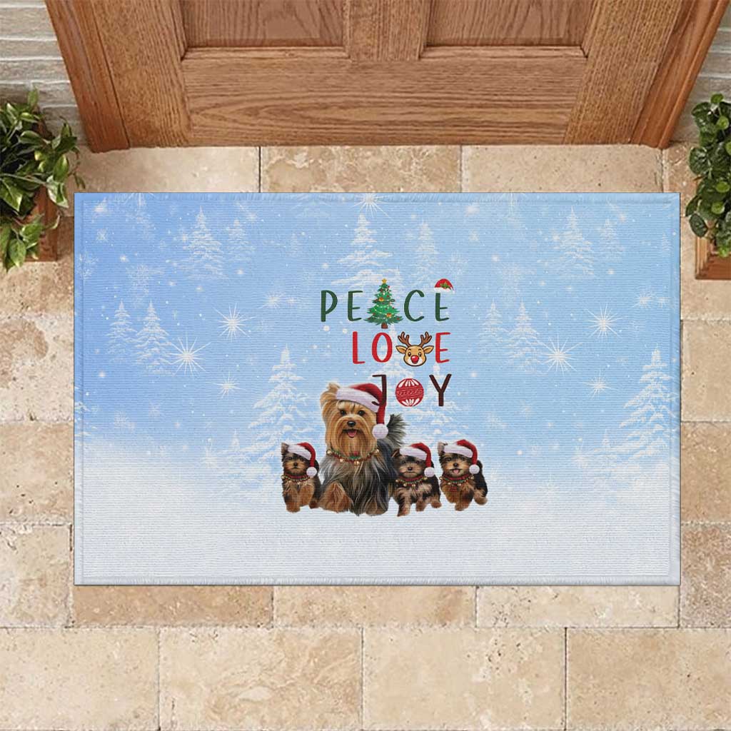 Yorkshire Terrier Dog Christmas Rubber Doormat with Peace Love Joy Quote and Santa Hat Puppies in Snowy Winter Scene - Wonder Print Shop