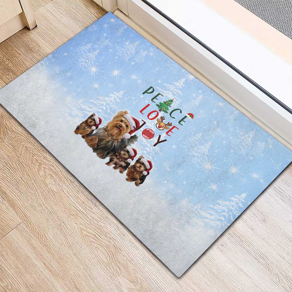 Yorkshire Terrier Dog Christmas Rubber Doormat with Peace Love Joy Quote and Santa Hat Puppies in Snowy Winter Scene - Wonder Print Shop