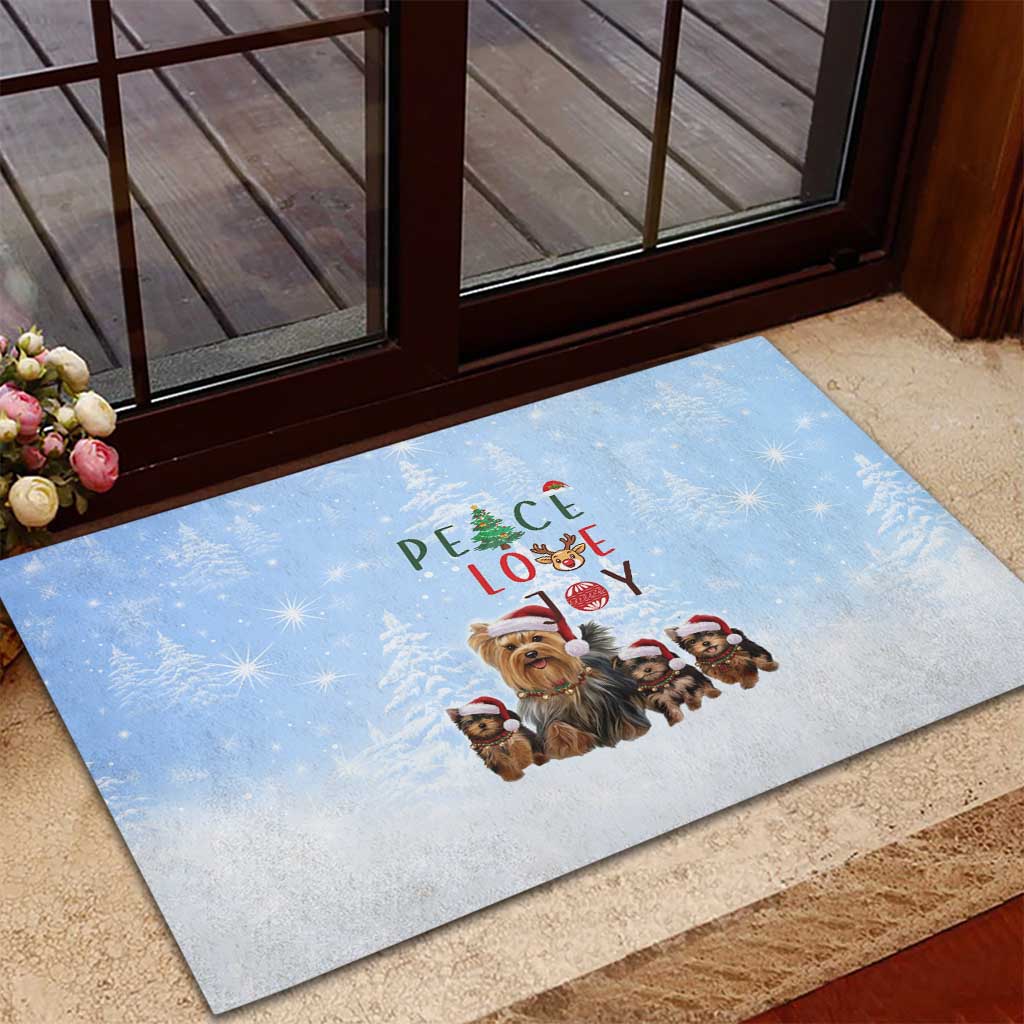 Yorkshire Terrier Dog Christmas Rubber Doormat with Peace Love Joy Quote and Santa Hat Puppies in Snowy Winter Scene - Wonder Print Shop