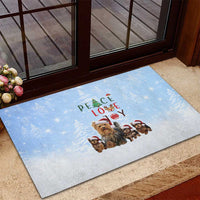 Yorkshire Terrier Dog Christmas Rubber Doormat with Peace Love Joy Quote and Santa Hat Puppies in Snowy Winter Scene - Wonder Print Shop
