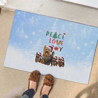 Yorkshire Terrier Dog Christmas Rubber Doormat with Peace Love Joy Quote and Santa Hat Puppies in Snowy Winter Scene - Wonder Print Shop