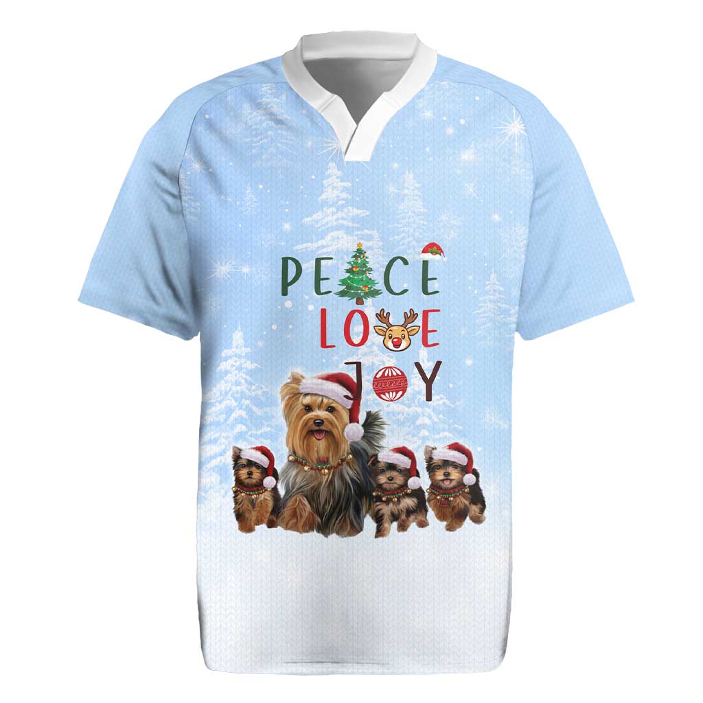 Yorkshire Terrier Dog Christmas Rugby Jersey with Peace Love Joy Quote and Santa Hat Puppies in Snowy Winter Scene - Wonder Print Shop