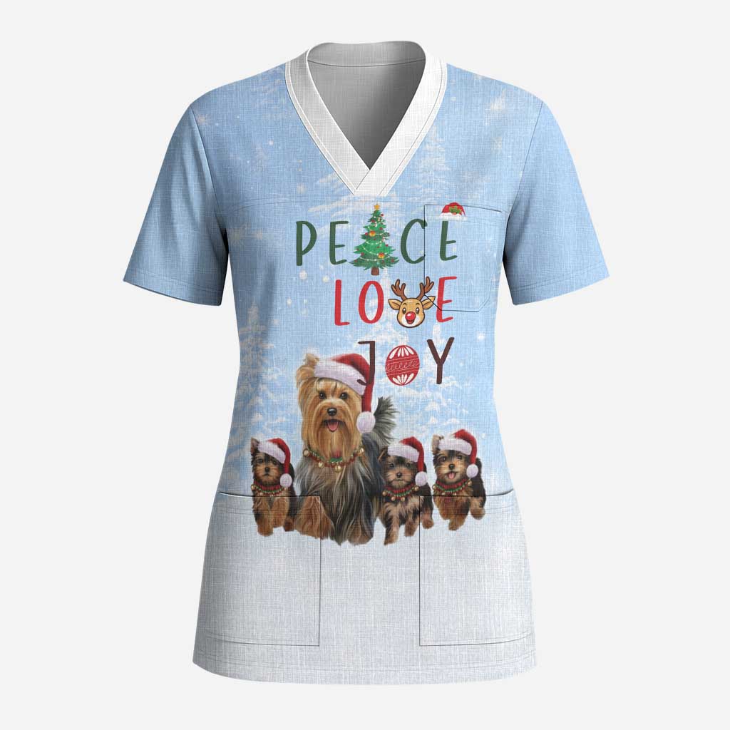 Yorkshire Terrier Dog Christmas Scrub Top with Peace Love Joy Quote and Santa Hat Puppies in Snowy Winter Scene - Wonder Print Shop