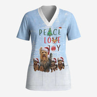Yorkshire Terrier Dog Christmas Scrub Top with Peace Love Joy Quote and Santa Hat Puppies in Snowy Winter Scene - Wonder Print Shop