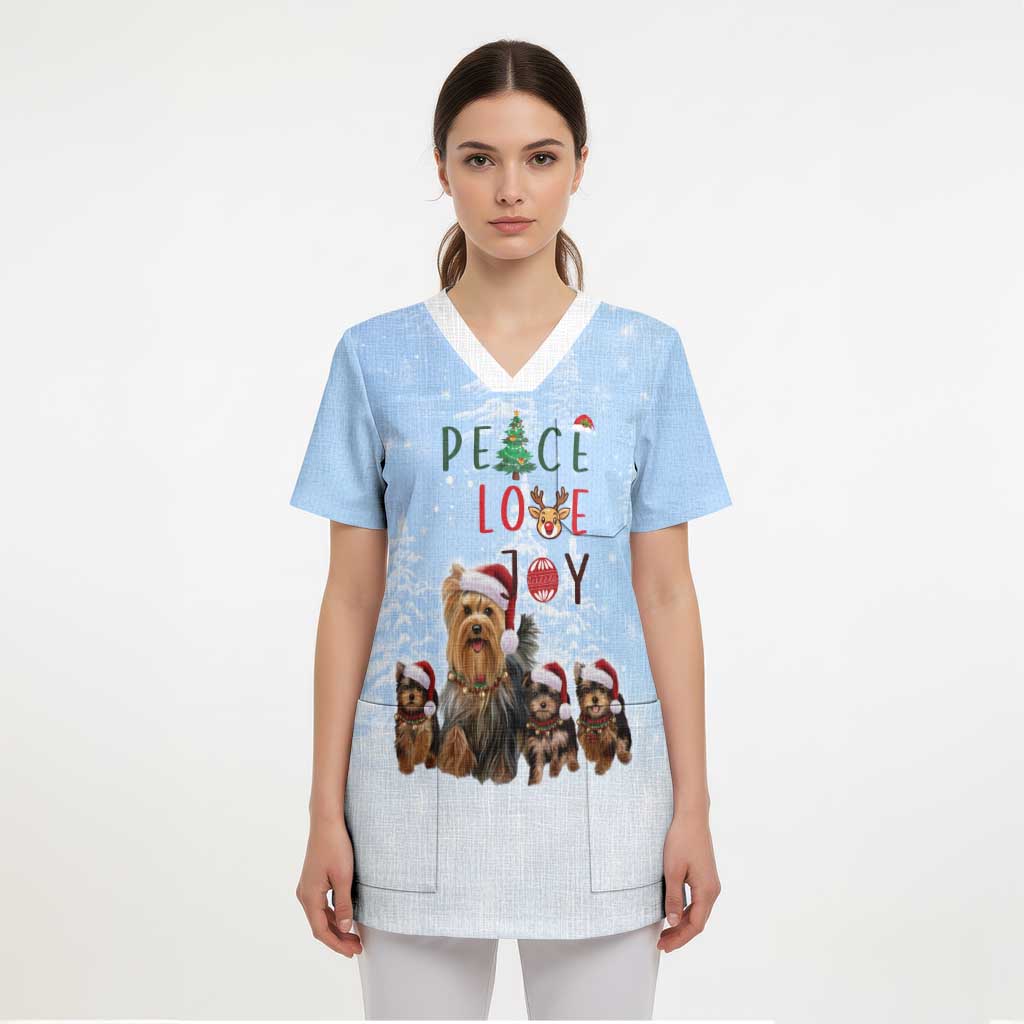 Yorkshire Terrier Dog Christmas Scrub Top with Peace Love Joy Quote and Santa Hat Puppies in Snowy Winter Scene - Wonder Print Shop