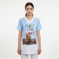 Yorkshire Terrier Dog Christmas Scrub Top with Peace Love Joy Quote and Santa Hat Puppies in Snowy Winter Scene - Wonder Print Shop