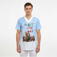 Yorkshire Terrier Dog Christmas Scrub Top with Peace Love Joy Quote and Santa Hat Puppies in Snowy Winter Scene - Wonder Print Shop