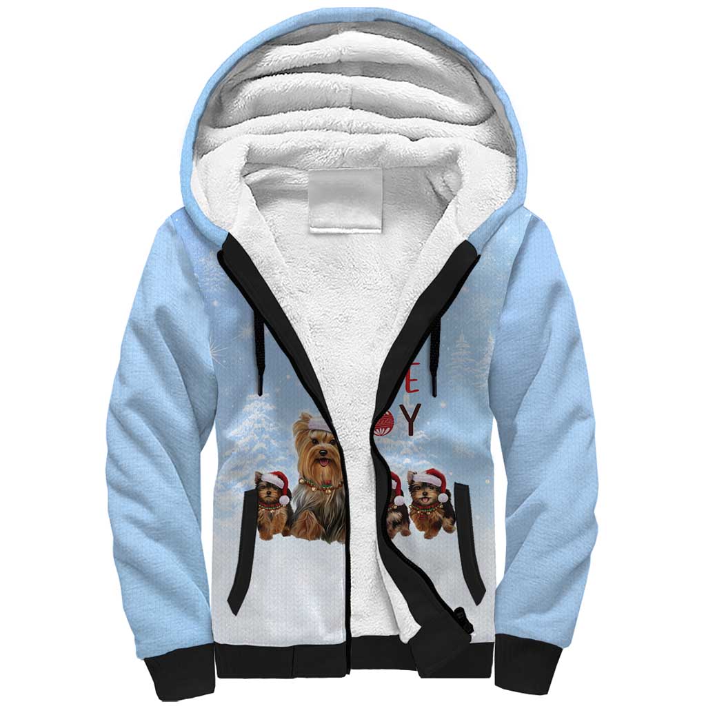 Yorkshire Terrier Dog Christmas Sherpa Hoodie with Peace Love Joy Quote and Santa Hat Puppies in Snowy Winter Scene - Wonder Print Shop