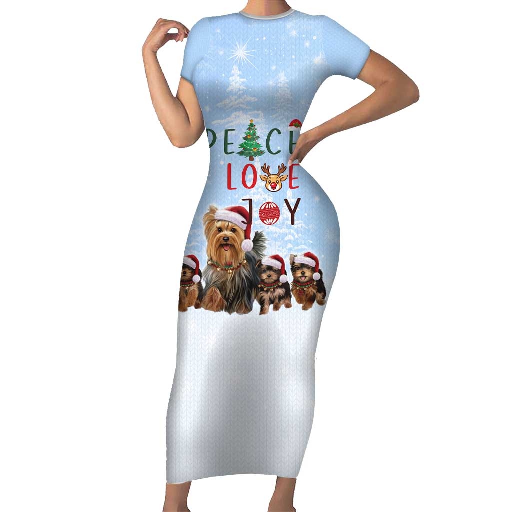 Yorkshire Terrier Dog Christmas Short Sleeve Bodycon Dress with Peace Love Joy Quote and Santa Hat Puppies in Snowy Winter Scene - Wonder Print Shop