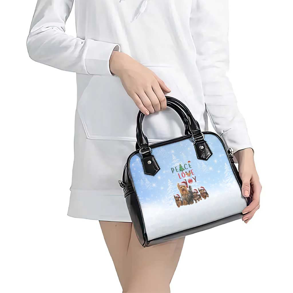 Yorkshire Terrier Dog Christmas Shoulder Handbag with Peace Love Joy Quote and Santa Hat Puppies in Snowy Winter Scene - Wonder Print Shop