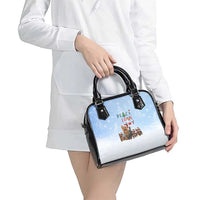 Yorkshire Terrier Dog Christmas Shoulder Handbag with Peace Love Joy Quote and Santa Hat Puppies in Snowy Winter Scene - Wonder Print Shop