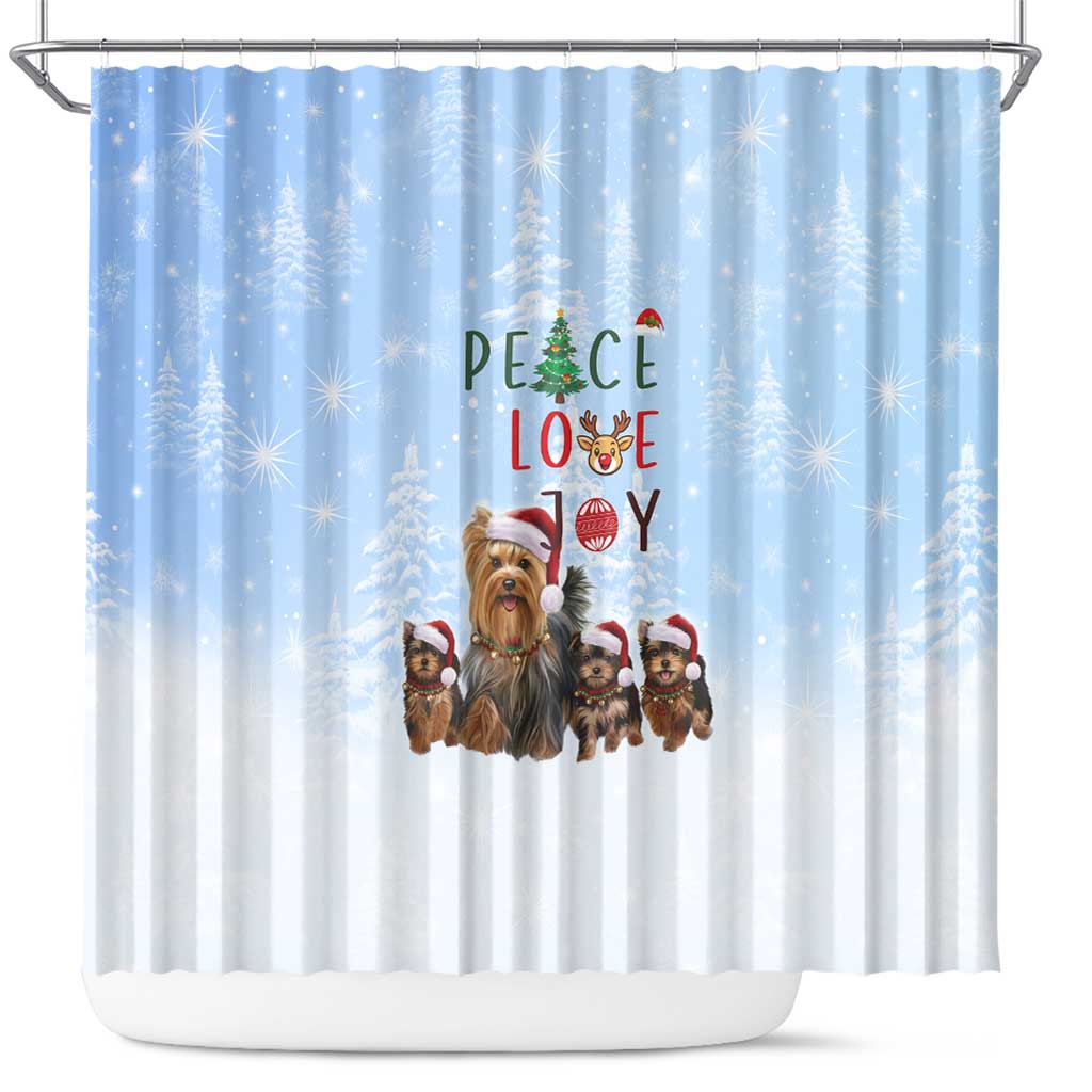 Yorkshire Terrier Dog Christmas Shower Curtain with Peace Love Joy Quote and Santa Hat Puppies in Snowy Winter Scene - Wonder Print Shop