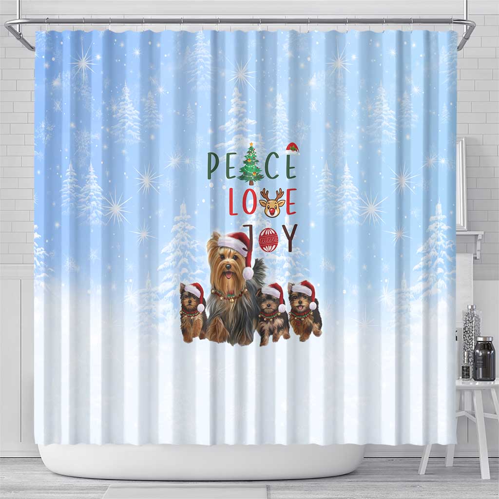 Yorkshire Terrier Dog Christmas Shower Curtain with Peace Love Joy Quote and Santa Hat Puppies in Snowy Winter Scene - Wonder Print Shop