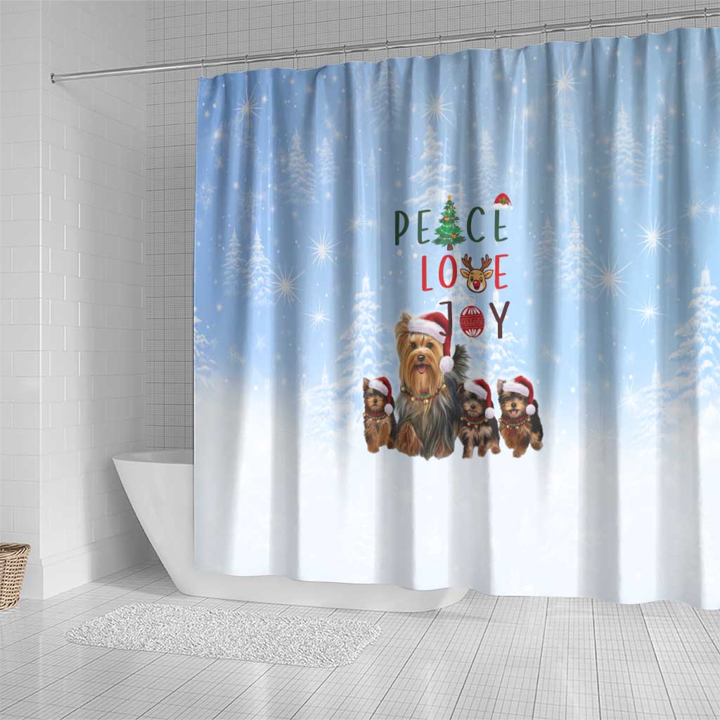 Yorkshire Terrier Dog Christmas Shower Curtain with Peace Love Joy Quote and Santa Hat Puppies in Snowy Winter Scene - Wonder Print Shop
