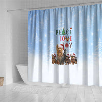 Yorkshire Terrier Dog Christmas Shower Curtain with Peace Love Joy Quote and Santa Hat Puppies in Snowy Winter Scene - Wonder Print Shop
