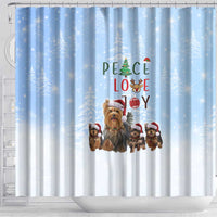 Yorkshire Terrier Dog Christmas Shower Curtain with Peace Love Joy Quote and Santa Hat Puppies in Snowy Winter Scene - Wonder Print Shop