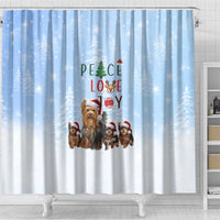 Yorkshire Terrier Dog Christmas Shower Curtain with Peace Love Joy Quote and Santa Hat Puppies in Snowy Winter Scene - Wonder Print Shop
