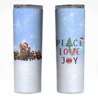 Yorkshire Terrier Dog Christmas Skinny Tumbler with Peace Love Joy Quote and Santa Hat Puppies in Snowy Winter Scene - Wonder Print Shop