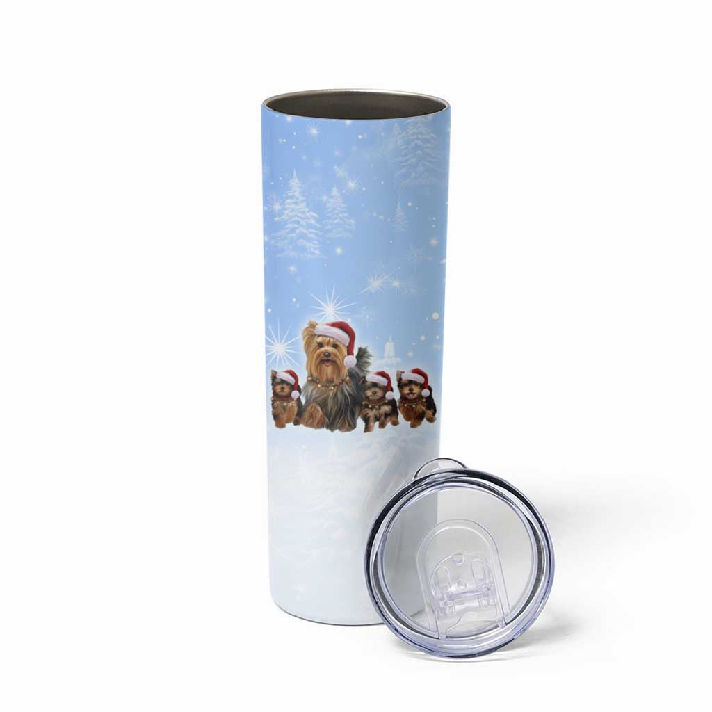 Yorkshire Terrier Dog Christmas Skinny Tumbler with Peace Love Joy Quote and Santa Hat Puppies in Snowy Winter Scene - Wonder Print Shop