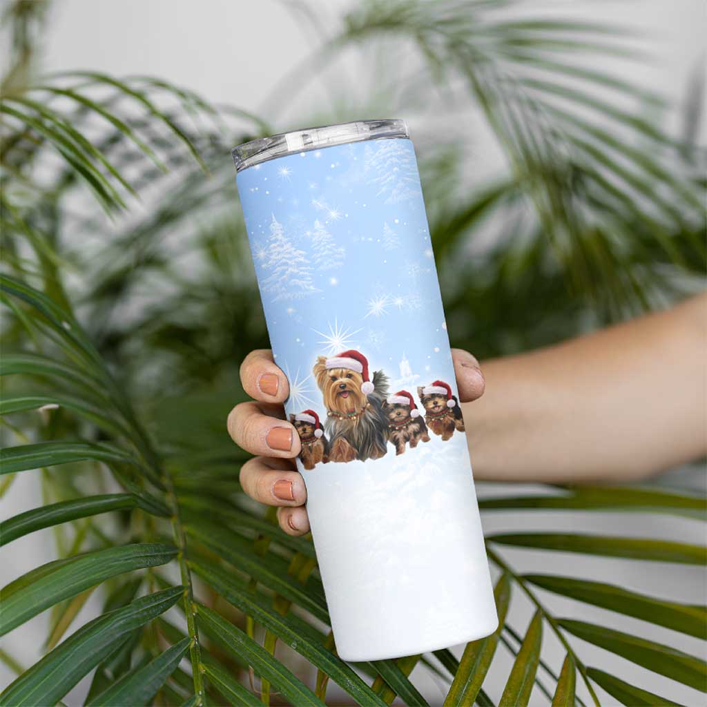 Yorkshire Terrier Dog Christmas Skinny Tumbler with Peace Love Joy Quote and Santa Hat Puppies in Snowy Winter Scene - Wonder Print Shop