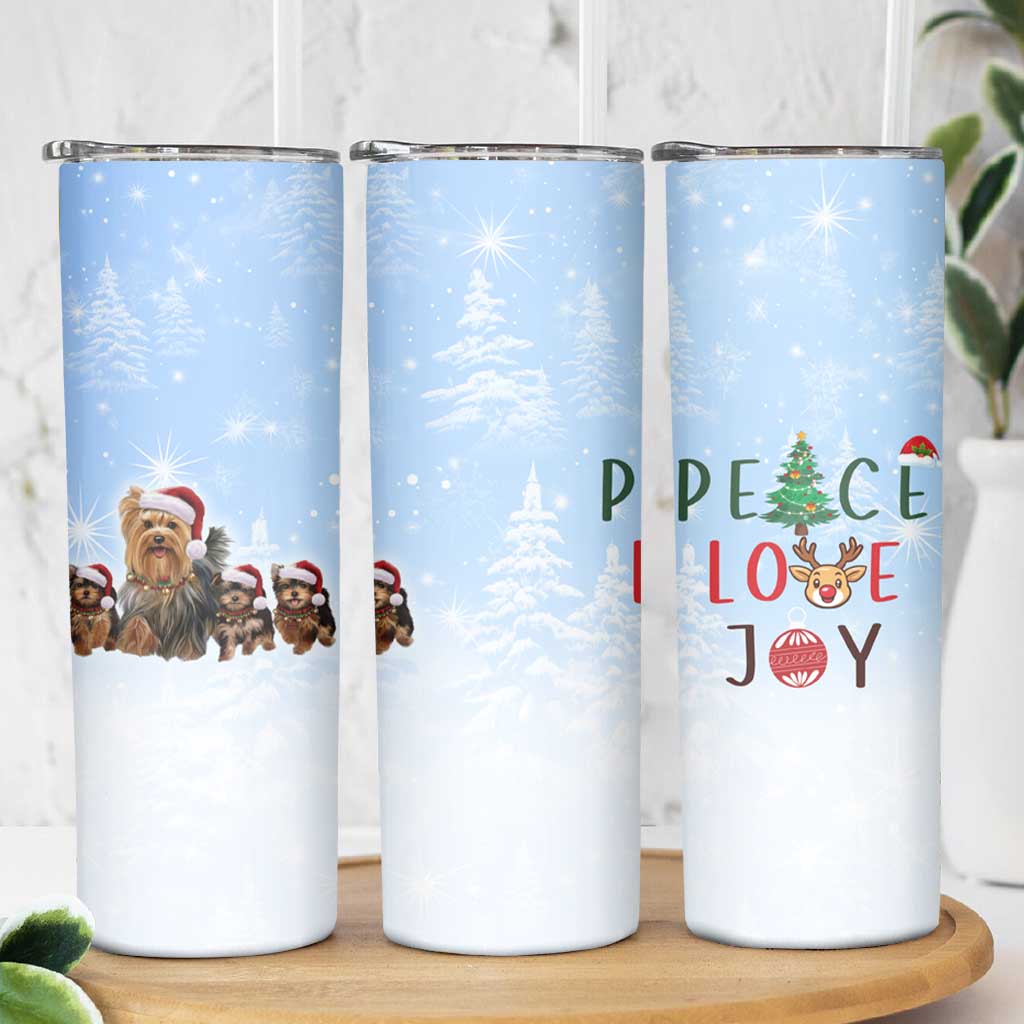 Yorkshire Terrier Dog Christmas Skinny Tumbler with Peace Love Joy Quote and Santa Hat Puppies in Snowy Winter Scene - Wonder Print Shop